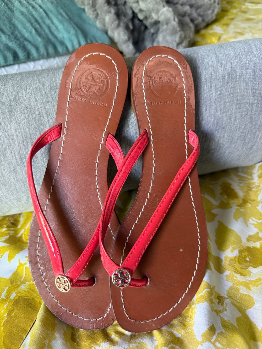 Tory Burch Coral-Red Leather Thong Sandals with Gold Logo